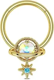 [Blue Palm Jewelry] 1-16 Gauge Moon Star and Blue Pendant Septum Nose Ear Lip Ring Stainless Steel Helix Tragus Piercing Jewelry