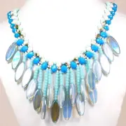 Turquoise Blue Natural Agate Drop Crystal Beads Bib Statement Necklace 17-19"