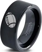 Tungsten American Football Ball Band Ring 9mm Men Women Comfort Fit Black Flat Cut Brushed Polished Size 10