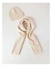 [Basque] Waffle Knit Beanie & Scarf Gift Box Set in Ivory