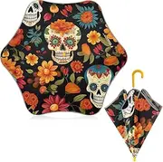 [ODAWA] Kid Umbrellas Skull Flowers Black Windproof Compact Stick Umbrella for Rain, Sun Umbrellas Uv Protection