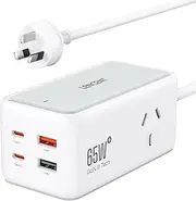 LENCENT 65W USB C Charger, 6-in-1 GaN USB Charging Station with 4 USB Charger(2 USB C) for Laptop, Phone, iPad, MacBook, 1.5M Extension Cord with 2 Outlets for Home Travel Office, White