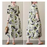 日系復古印花棉麻洋裝寬鬆遮肉短袖減齡長裙 大尺碼女裝