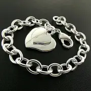 Heart Bracelet Bangle Real 925 Sterling Silver Filled Ladies Solid Cuff 20cm