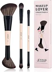 Jessup Travel Makeup Brushes Set 3pcs Double Sided Contour Brush Dual Ended Eyeshadow Brush Shader Eyeliner Brush, Multi-functional Brush Set Make up Peach Dust T507