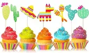 42 Pcs Mexican Fiesta Cupcake Toppers Decoration, Cactus Donkey Maraca Sombrero for Themed Party Supplies