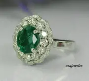 2.95CT Round Cut Real Emerald 14K White Gold Finish Flower Style Jewelry Ring