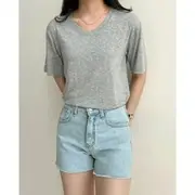 Short-Sleeve V-Neck Plain T-Shirt Sky Blue - One Size