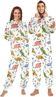 [ZZXXB] Dinosaur with Xmas Hat Onesie Pajamas for Adult Women Men Long Sleeves One Piece Onesies Hooded Sleepwear S - XL