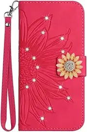 [CrazyLemon] for iPhone 13 Wallet Case Floral with Strap for Women Cute Glitter Sparkle Flower Magnetic Closure Flip Kickstand Premium Leather Protective Cover with Card Holder for iPhone 13 - Rose Red