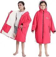 [Hiturbo] Warm Kids Swim Parka: Waterproof Changing Robe - Oversize Swimming Coat - Hooded Surf Poncho - Thick Lining (7-14Y)