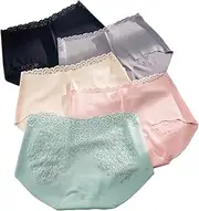 [HEJIGOOD] 5 Pcs Women's Briefs Ice Silk Breathable Panties Mid Waist Full Coverage Undies Lace Hipster Ladies Underwear