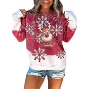 Qian Women Christmas Crew Neck Long Sleeve Sweater Casual Pullover Blouse Sweatshirt gray/red M
