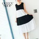 QUEENSHOP【01084134】黑白配色拼接蛋糕裙擺無袖洋裝＊預購＊