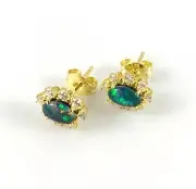 Gold Opal Stud Earrings Australian Oval 6x4mm Genuine Opals, 925 Sterling Silver