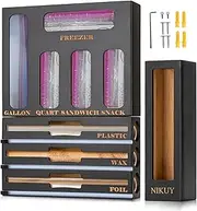 TFMOJHST 9-in-1 Ziplock Bag Organizer for Kitchen Drawer--Cling Wrap Dispenser with Cutter Fits13-inch Rolls for Gallon Bags, Sandwich Bags, Aluminum Foil and Cling Film（Black）