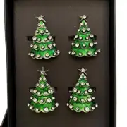 4pc Christian Siriano Rhinestone Christmas Tree Napkin Rings Green & Silver New