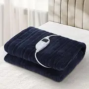[BEDRA BEDDING] Electric Throw Rug with Flannel Fabric 9-Hour Timer Snuggle Blanket Overheat Protection Adjustable 9 Heat Washable Single Controler Navy Blue