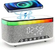 Alarm Clock Radio, Smart Bedside Alarm Clock with Bluetooth Speaker & Wireless Charger - RGB Night Light, 15W Ultra Fast Wireless Phone Charger, LED Time-Temperature Display with 1200mAh Battery