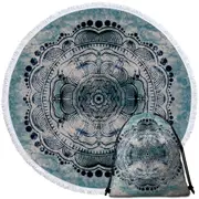 Black Royal Mandala on Dark Blue Rock Round Beach Towel