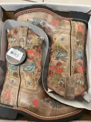Dan Post Girls' Floral Embroidered Western Boot - Square Toe Taupe 1 D NEW