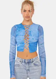 [AFRM] Denim Print Aida Lace-Up Top