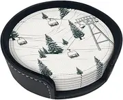 Ski Lift with Fir Tree Leather Coasters Set of 6 Waterproof Insulated Cups Pad Mat with Holder Non-Slip Car Coasters for Home and Kitchen Desktop Decor