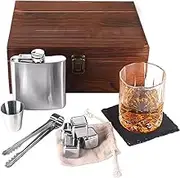 Whiskey Set Men's Gift, 1 Whiskey Flask 4 Stainless Steel Whiskey Stones 1 Crystal Whiskey Glass, Packed in a Beautiful Wooden Box,