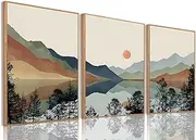 [Bwodke] Framed Mountain Canvas Wall Art Set of 3 Boho Watercolor Nature Landscape Picture Decor Sun Forest Abstract Prints Poster Artwork Painting for Living Room Bedroom Office