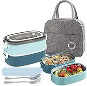 UHAPEER 2 Tier Bento Box Lunch Box for Adults and Kids, Leakproof Bento Lunch Box with 3 Compartments and Cutlery (Spoon & Fork), Portable Adult Lunch Box with Lunch Bag for Work Office School