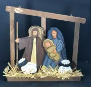 Blue Burgundy Nativity Manger Scene Wooden Straw Light Freestanding New 12x12.5"