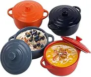 Jucoan 4 Pack Porcelain Ramekins with Lid, 8 oz Small Cocotte Casserole Dishes with Lids and Handles, Individual Servings Souffle Creme Brulee Dishes for Baking, Oven Safe, 4 Colors