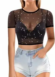 MANGOPOP Black/Silver Unisex Short Sleeve Sheer Mesh Very Short Crop Top~ L~ NWT