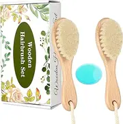 Wooden Baby Hair Brush and Comb Set, 2Pcs Natural Soft Goat Bristles Brush with Baby Shower Scrubber Perfect Scalp Grooming Product for Newborn, Toddler, Infant (Green)