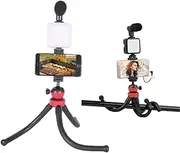 White Isle Flexi Smartphone Vlogging kit, for Apple & Android, includes USB-C & iPhone Lightning Cable, YouTube Starter Kit, Podcast Equipment, Tripod, Shotgun Mic, led Light, Phone Holder