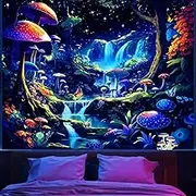 Apdidl Blacklight Posters Forest Waterfall Tapestry for Bedroom, Black Light UV Reactive Starry Night Tapestries Wall Hanging, Nature Fantasy Landscape Wall Decor for Living Room Dorm (51“X60”)