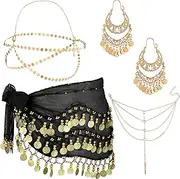 [Sureio] 4 Pcs Gypsy Costume Accessories Belly Dance Accessories Hip Scarf Wrap Belt Drop Earrings Hair Chain Tassel Bracelet