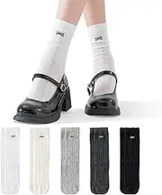 [Mottee&Zconia] Womens Crew Socks Cotton Casual Slouch Socks over Ankle Cute Bots Ruffle Top White Black Socks 5pack, 5pairs(black,dark Grey,grey,cream,white), 5-9
