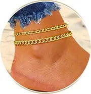 [Bfuebur] 2Pcs Gold Ankle Bracelets for Women, Simple Ankle Chain Gift for Girls, Beach Woman Anklet Bracelets, Artificial Diamond Gold Plated Anklet Bracelet for Women, Shiny Diamond Anklets Pulsera for Girl