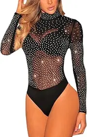 [MAYFASEY] Women's Bodysuits Sexy Long Sleeves Sheer Mesh See Through Jumpsuit Bodysuit Top Leotard