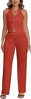 [Mintsnow] Two Piece Sets for Women Summer V Neck Button Down Sleeveless Halter Vest Tops Wide Leg Pants Sets Matching Sets