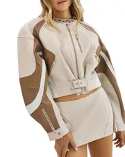 Lamarque Dustin Cropped Leather Contrast Insert Racer Jacket