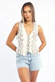 Beige Animal Print Denim Vest Sleeveless V-neck Button Up - Size 12M, Women's Top