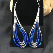 Blue Lapis 3 Strand Heishi Liquid Sterling Silver Dangle Earrings 2013