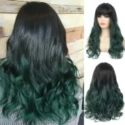 Black Green Wigs With Bangs for Women Long Wavy Curly Hair Wig Dark Roots Wig...
