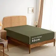 Wake In Cloud - Extra Deep King Fitted Sheet 1 Piece - 50cm Deep Pocket Bed, 1000TC Ultra Soft Microfiber, Olive Green, King Size