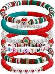 [xuzhiyuan] Handmade Christmas Beaded Bracelets Set Cute Snowflake Gifts Stars Christmas Tree Santa Clay Beads Letter Stretch Adjustable Stackable Friendship Bracelets