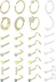 [Thunaraz] 32 Pcs Nose Rings for Women Men - Hypoallergenic Surgical Stainless Steel Retainer Clear L Shape/Straight/Corkscrew Nose Rings Hoops Cartilage Helix Tragus Piercing Jewelry 18G/20G