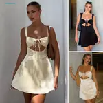 QUER_ SIMPLE YET SEXY WOMEN DRESS 女士滌綸氨綸連衣裙性感鏤空繃帶連衣裙細肩帶晚禮服 A