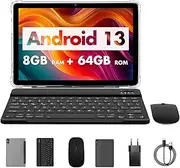 PRITOM 10 Inch Tablet, 3-in-1 Tablet, 8 GB (4 + 4 GB Expand), 64 GB ROM, Android 13, 1TB Expand, Qcta Core, WiFi 6, 6000 mAh, Tablet PC with Keyboard, Mouse, Case, Grey